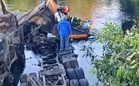 Camión forestal volcó en puente "Descarga" de la Ruta T-85 tras colisión con vehículo menor