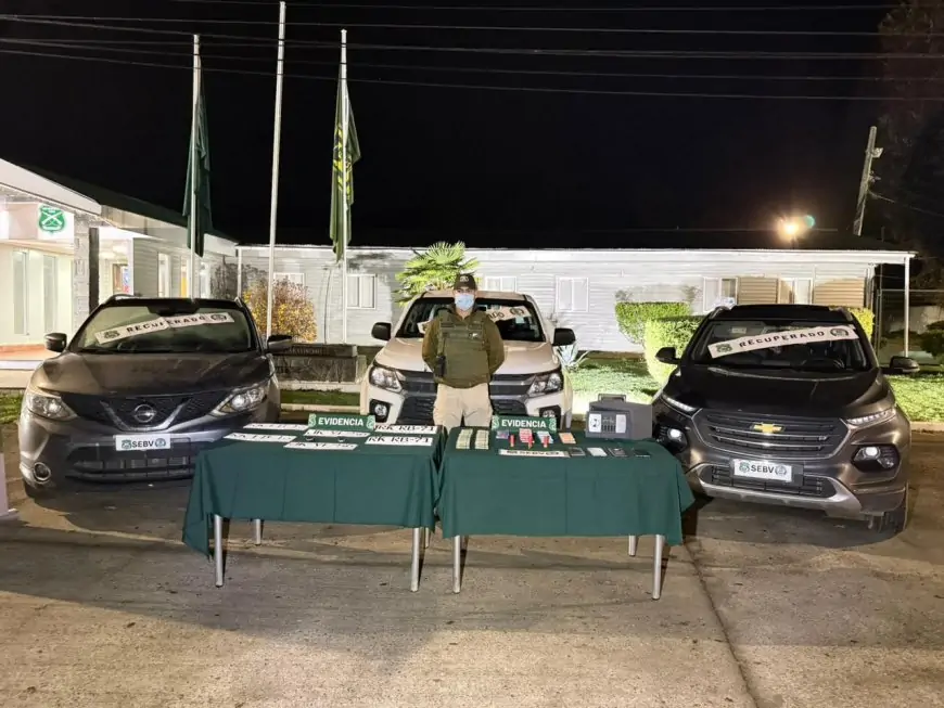 Cuatro detenidos y tres vehículos robados recuperados tras allanamientos en Valdivia por Carabineros del SEBV