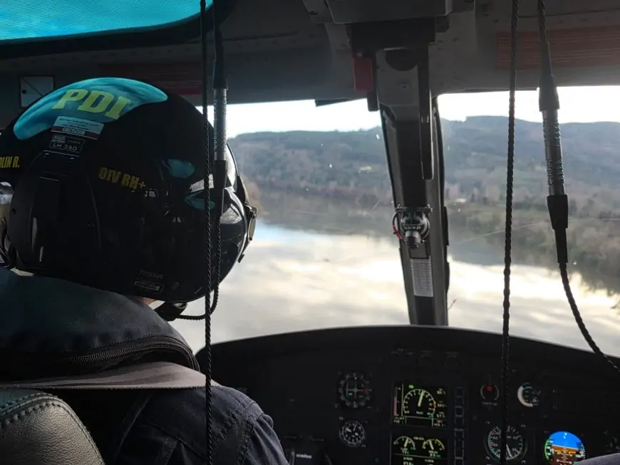 PDI Osorno realiza rastreo aéreo en río Rahue por hombre desaparecido de 46 años sin resultados positivos